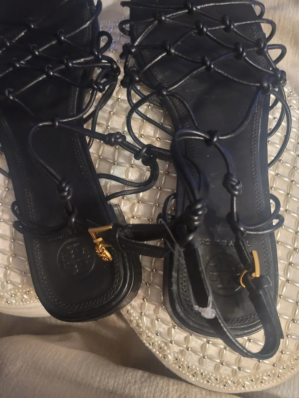 Tory Burch Black Gladiator Sandals with Gold Hardware